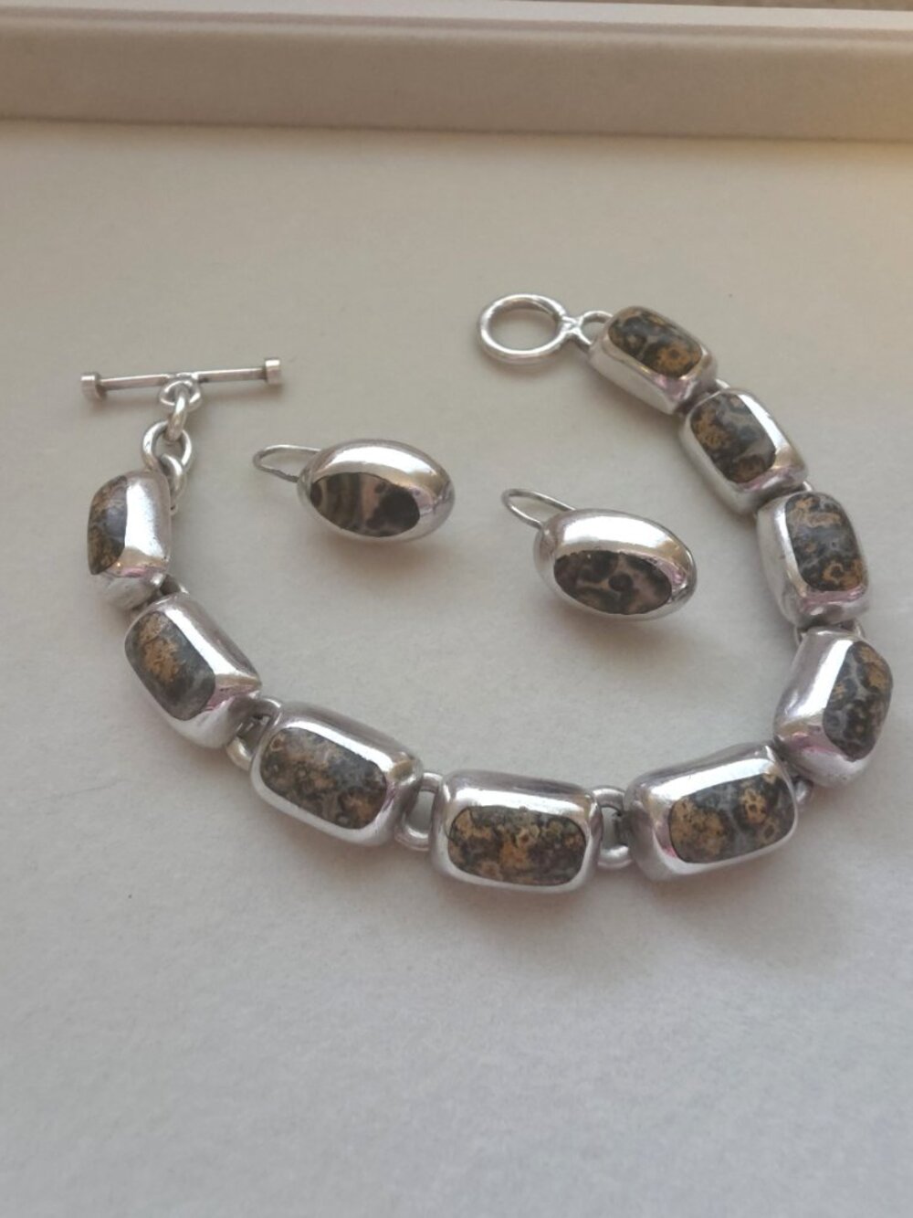 Rare Silpada Leopard Jasper Bracelet & Earrings Set B0016 W0314 Sterling Silver